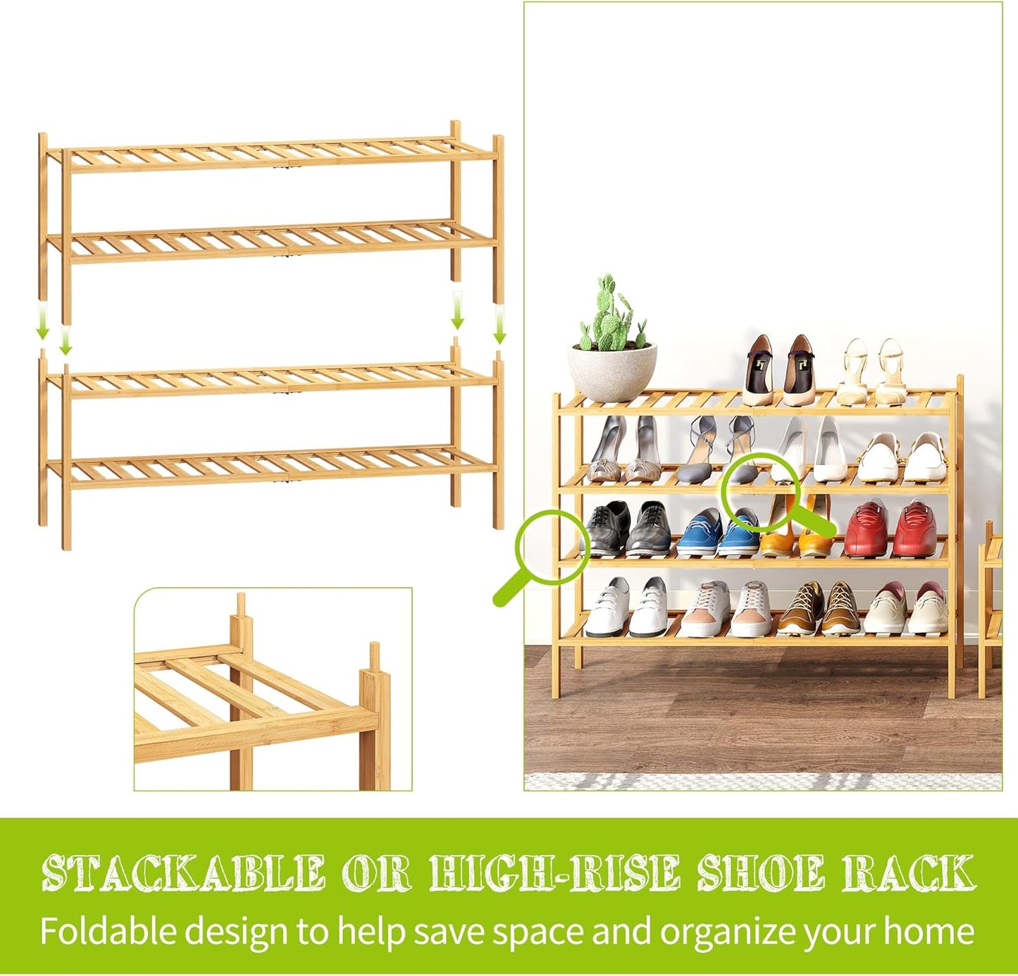 BMOSU 2-Tier Bamboo Small Shoe Rack Premium Stackable Shoe Shelf Storage Organizer for Hallway Closet Living Room Entryway Organizer (Black Bamboo)