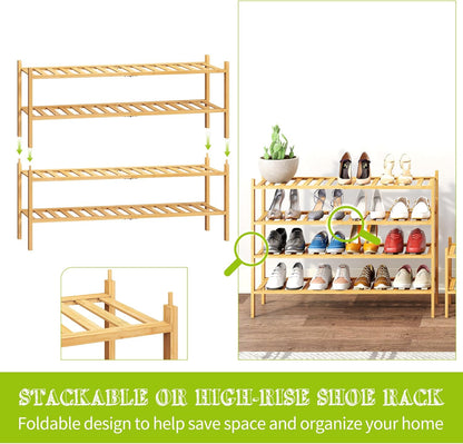 BMOSU 2-Tier Bamboo Small Shoe Rack Premium Stackable Shoe Shelf Storage Organizer for Hallway Closet Living Room Entryway Organizer (Black Bamboo)