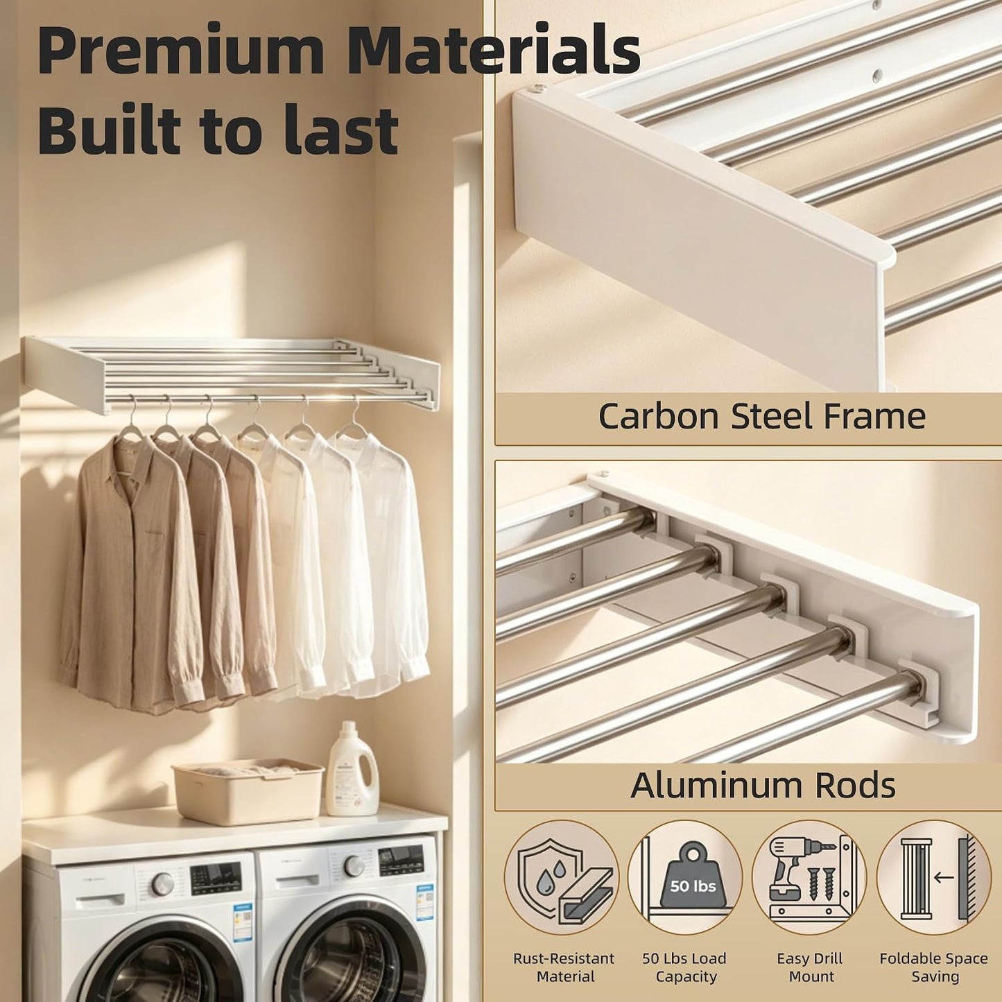 Wall Mounted Clothing Drying Rack 32“ Folds to 1.2” Ultra-Thin Space Saving Clothes Laundry Rack Holds 50 lbs Rust-Resistant Collapsible Space Aluminum for Apartment, RV, Laundry Room, White