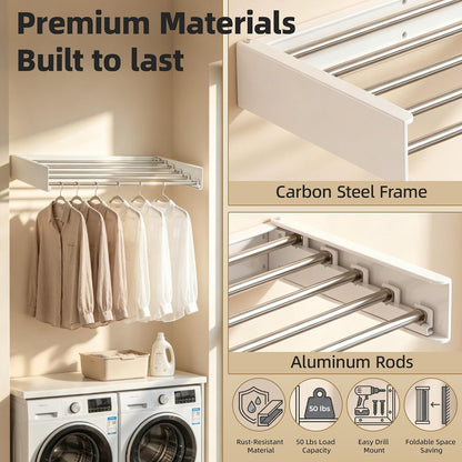 Wall Mounted Clothing Drying Rack 32“ Folds to 1.2” Ultra-Thin Space Saving Clothes Laundry Rack Holds 50 lbs Rust-Resistant Collapsible Space Aluminum for Apartment, RV, Laundry Room, White
