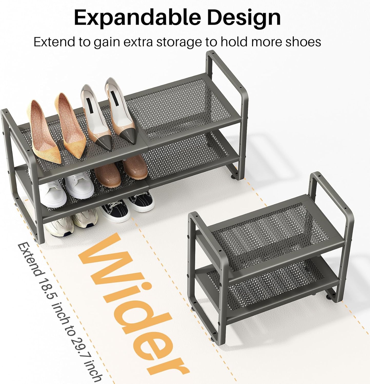 SNTD Shoe Rack - Expandable Shoe Organizer for Closet, Adjustable Metal Shoe Shelf Storage, Stackable Long Shoe Stand Holder for Garage, Entryway, Door Entrance (Black, 2-Tier)