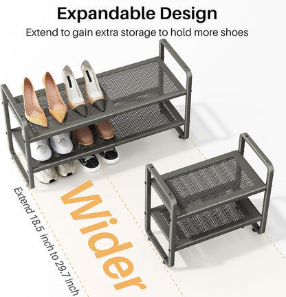 SNTD Shoe Rack - Expandable Shoe Organizer for Closet, Adjustable Metal Shoe Shelf Storage, Stackable Long Shoe Stand Holder for Garage, Entryway, Door Entrance (Black, 2-Tier)