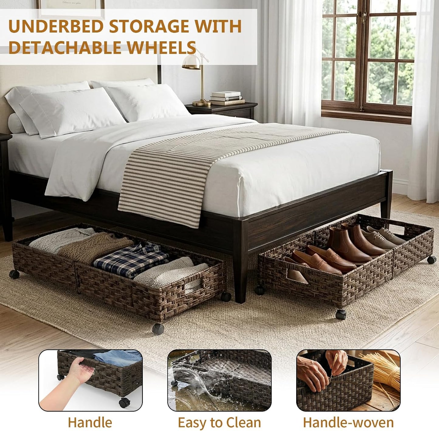 Under Bed Storage Containers with Wheels, 31.5” Large Handwoven Rattan Rolling UnderBed Storage Bins, Tool-free Assembly Natural Under The Bed Organizer Drawers for Bedroom, Sheets Clothes Blankets