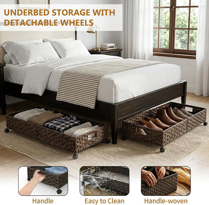 Under Bed Storage Containers with Wheels, 31.5” Large Handwoven Rattan Rolling UnderBed Storage Bins, Tool-free Assembly Natural Under The Bed Organizer Drawers for Bedroom, Sheets Clothes Blankets