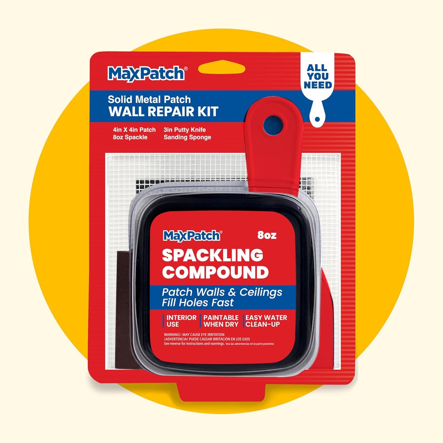 MaxPatch® Drywall Repair Kit - Includes 8 oz Spackling Compound, 4"x 4" Adhesive Metal Patch, Spackling Knife, Sanding Pad - All-in-One Solution for Wall and Ceiling Repairs