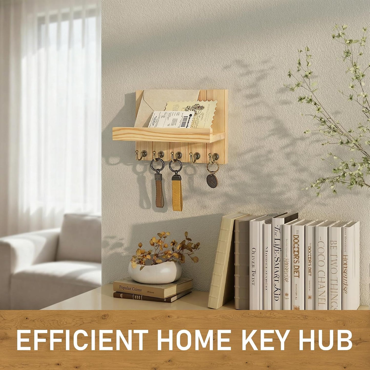 Rebee Vision Decorative Key Holder Wall Mount - Rustic Key Holder for Wall with Shelf and Mail Organizer for Living Room Decor - Home Essentials for Home Improvement (Brown, 3.54" x 10" x 7.28")