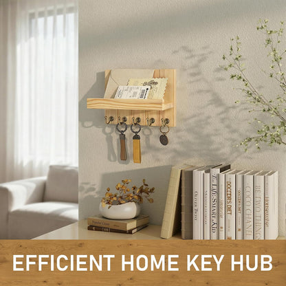 Rebee Vision Decorative Key Holder Wall Mount - Rustic Key Holder for Wall with Shelf and Mail Organizer for Living Room Decor - Home Essentials for Home Improvement (Brown, 3.54" x 10" x 7.28")