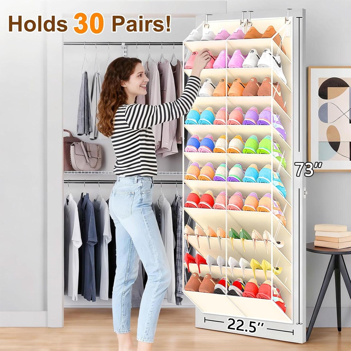 UVIAHOMI 20-30 Pairs Over the Door Shoe Organizer, Clear Pockets Hanging Shoe Storage for Closet, 10-Tier Door Shoes Rack, Handing Shoes Holder Fit All the Family's Sneakers, Boots, Heels, White