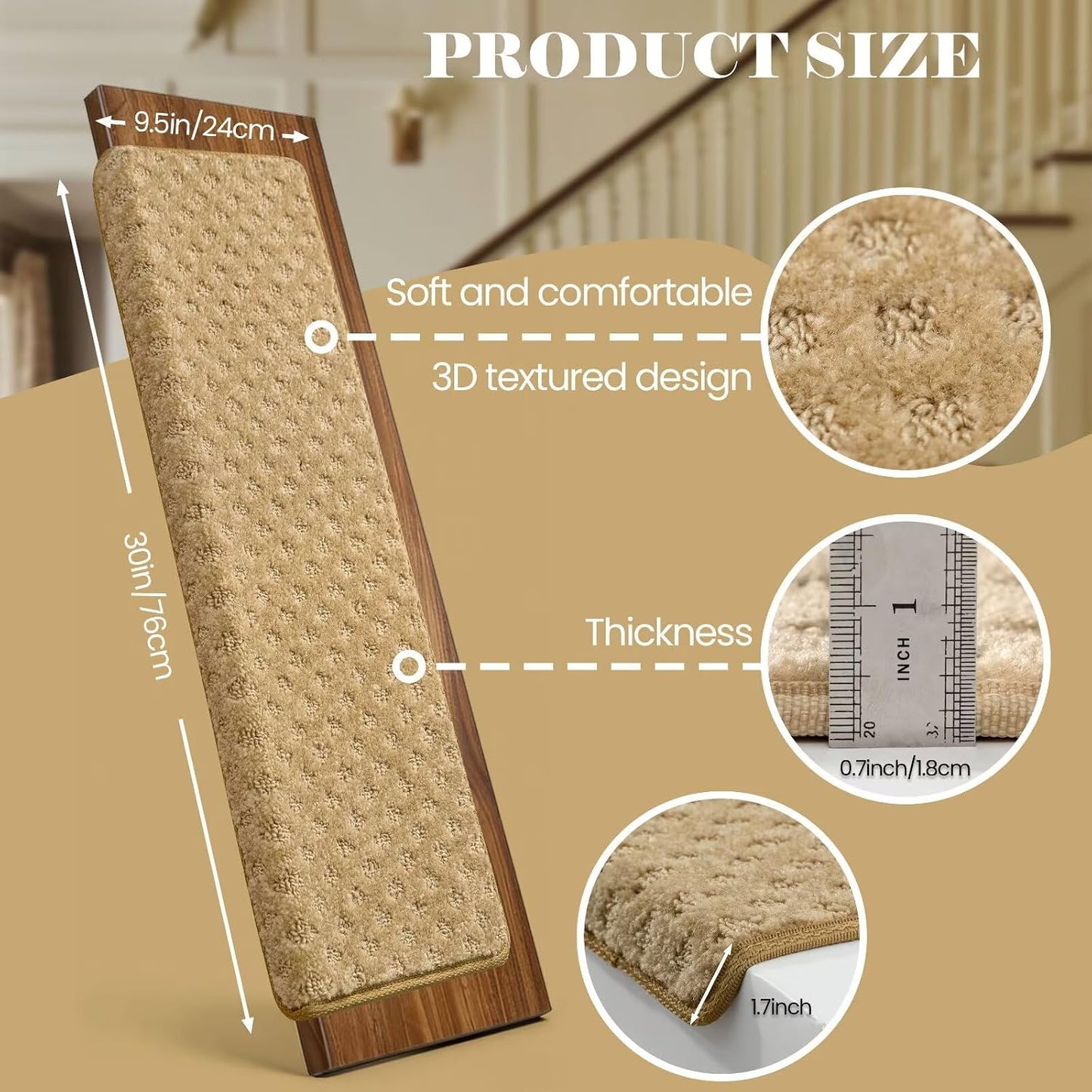 DEXDE Bullnose Stair Treads for Wooden Steps Non-Slip Stair Runner, 14 Pcs | Reusable bullnose carpet Stair Treads Indoor, Peel and Stick Stair Rugs with Edge Protection, Soft Washable, 30"x9.5" Grey