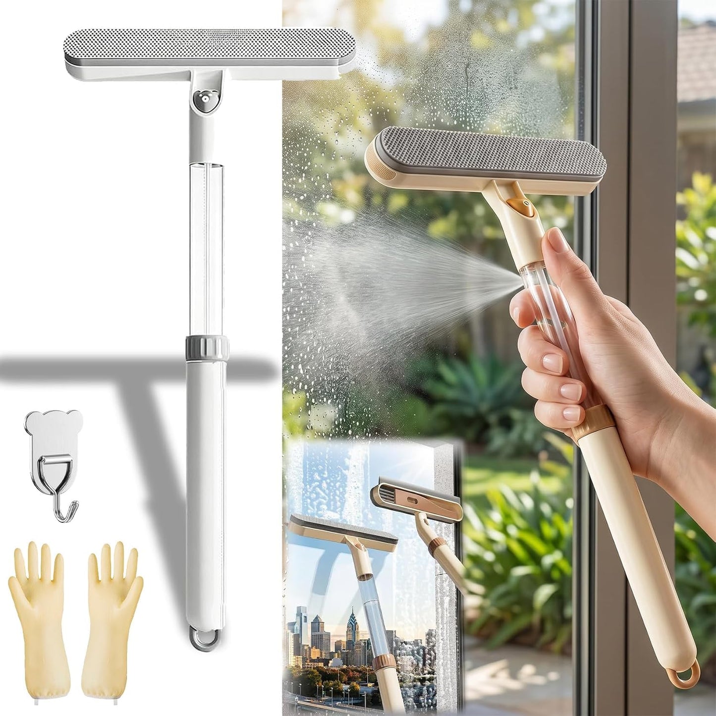 3-in-1 Double-Sided Window Screen Cleaning Brush, Multi-Purpose Window Screen Cleaner with Glass Scraper & Crevice Brush, Long Handle Screen Cleaner Tool for Home Office Car Screens (AB)
