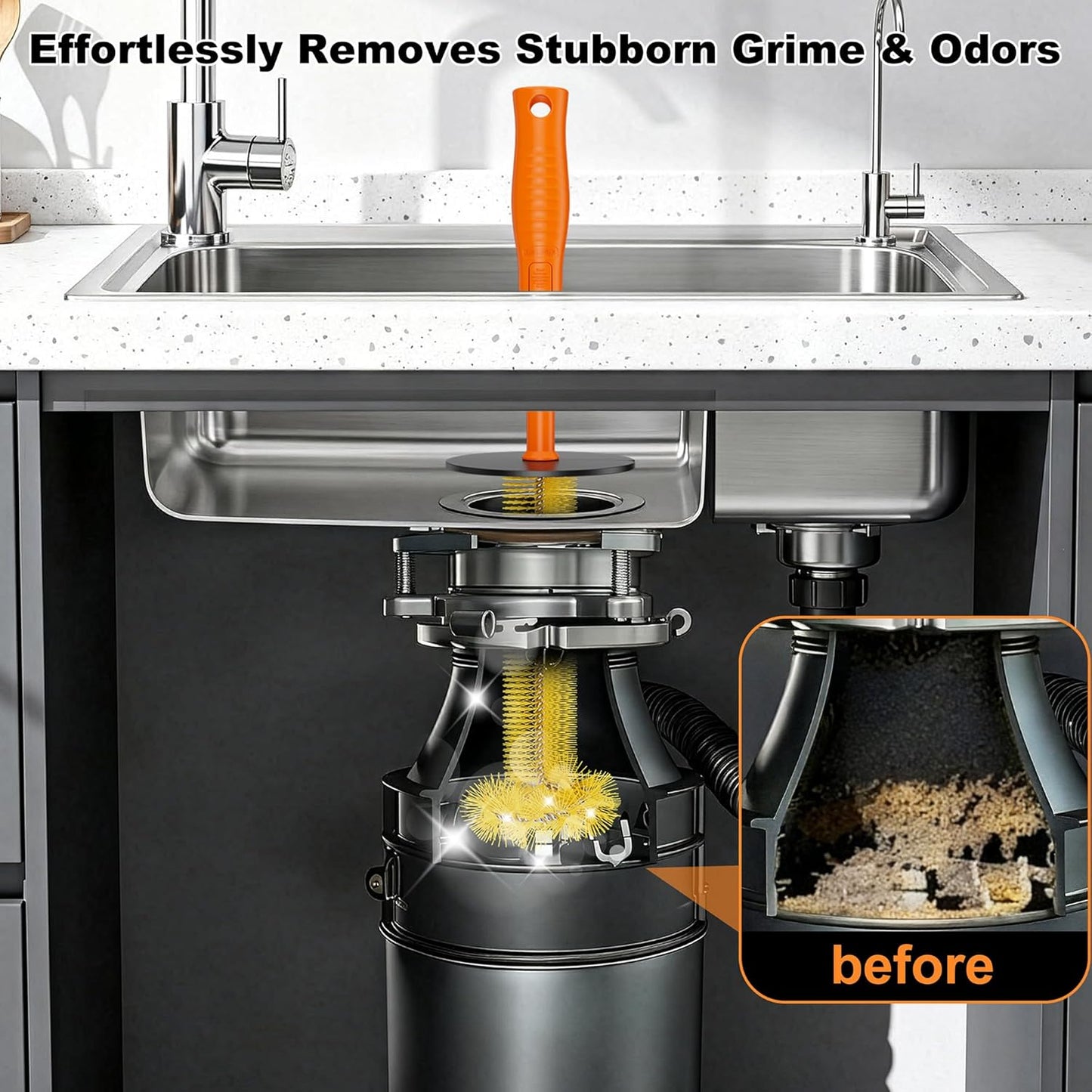 Universal Garbage Disposal Brush – 360° Rotating Head with Rubber Splash Guard, 17.7 Inches,Long-Handle Sink & Disposer Cleaner