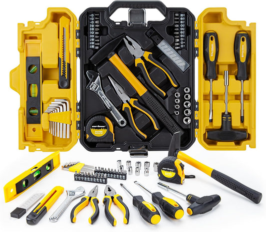 CARTMAN 57-Piece Home Tool Kit, Yellow Household Tool Set With Storage Case | Complete household tool assortment for home repair, maintenance, DIY projects, furniture setup, and daily fixes in tool case.