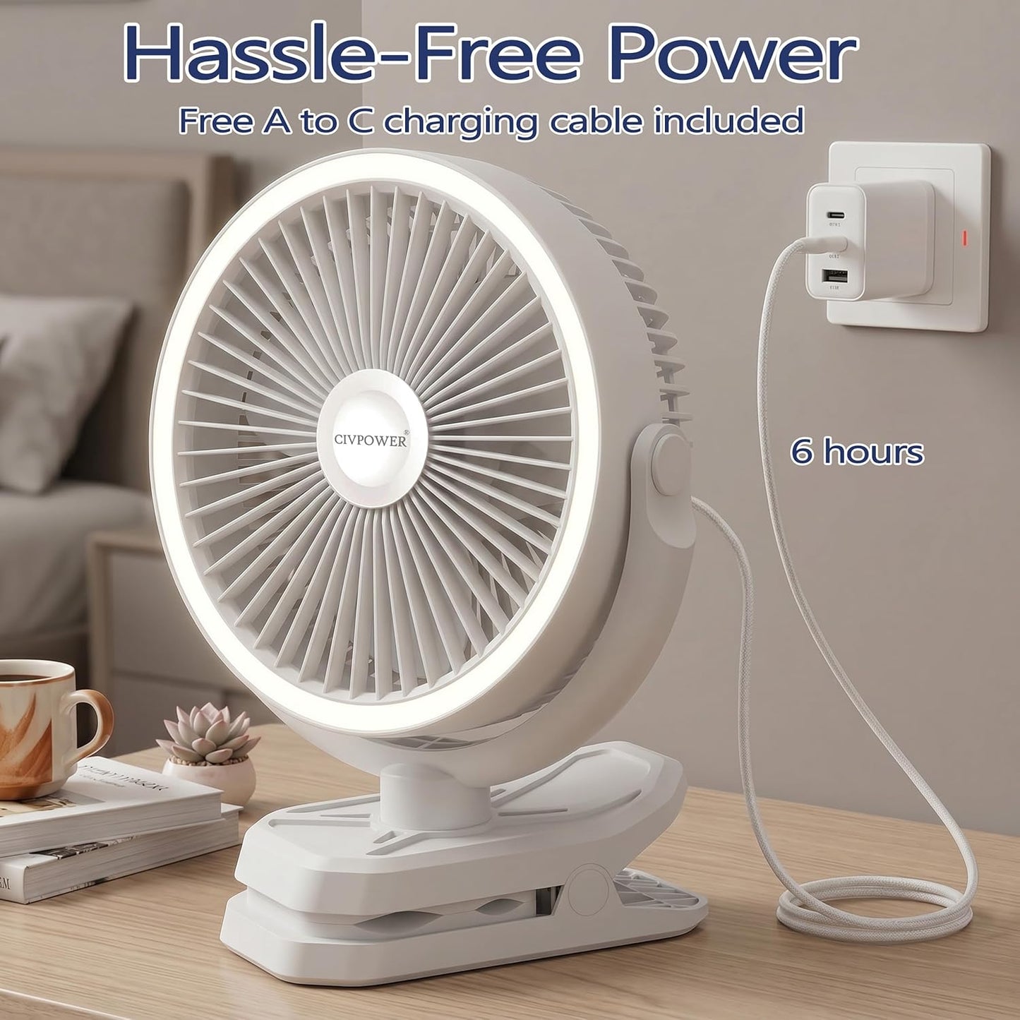 Clip on Fan 16000mAh: Portable Rechargeable Clamp Fan for Stroller Bed Camping Tent Golf Cart - Quiet Battery Operated with 3 Speed Strong Airflow LED Light Hook for Office Desk Outdoor (Black)