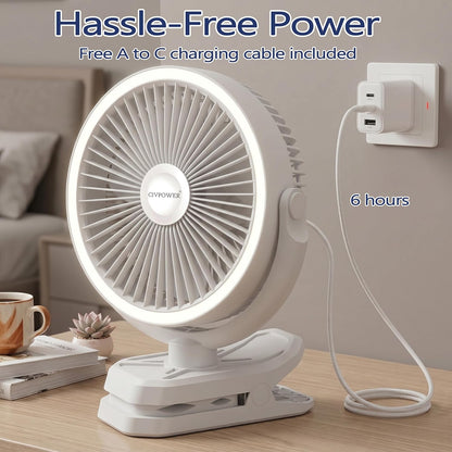 Clip on Fan 16000mAh: Portable Rechargeable Clamp Fan for Stroller Bed Camping Tent Golf Cart - Quiet Battery Operated with 3 Speed Strong Airflow LED Light Hook for Office Desk Outdoor (Black)