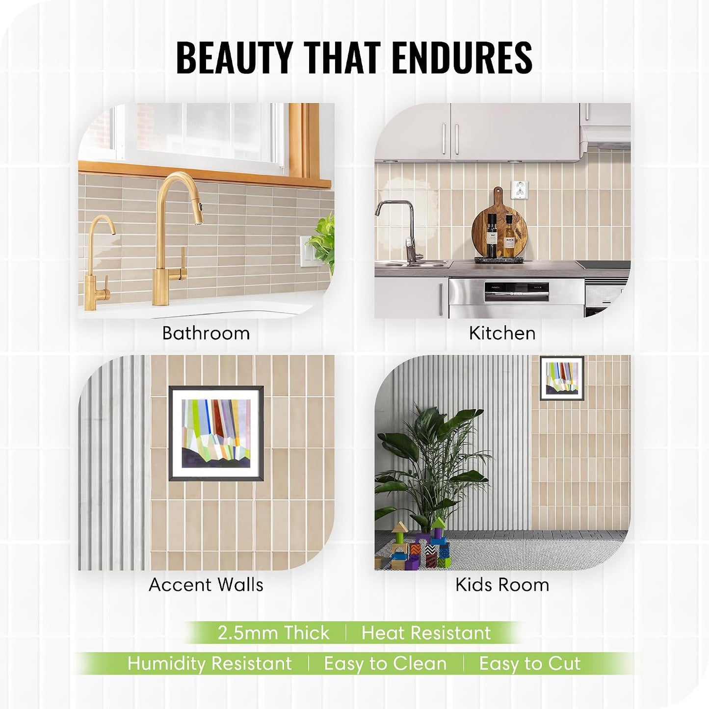 Peel and Stick Subway Backsplash Tiles, 5 Pack, 12 x 12 in, Almond | extra thick 3D wall panels, heat and water resistant wall panels, easy DIY kitchen, bathroom, laundry, fireplace wall décor