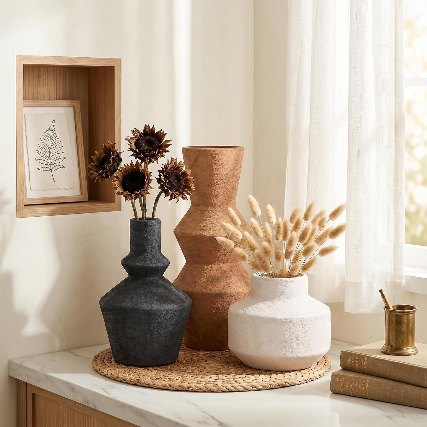 DREAMLOOM Ceramic Vase Set of 3, Modern Rustic Flower Vases for Pampas Grass, Dried & Fresh Flowers, Farmhouse Home Decor Vase for Living Room Bedroom Kitchen Shelf Centerpiece, Classic