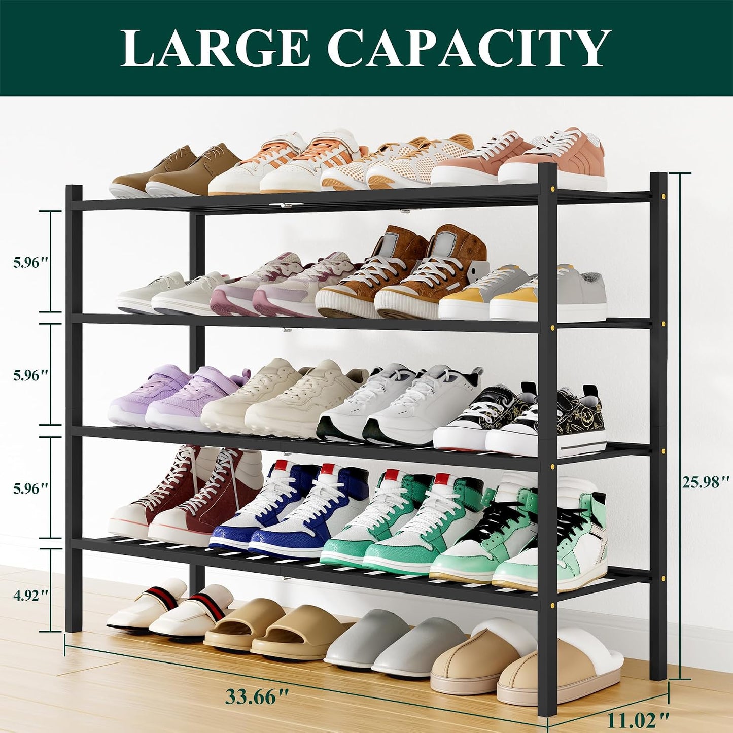 Smiry Bamboo Shoe Rack, 3 Tier Free Standing Wooden Shoe Organizer, Stackable Wood Shoe Storage Shelf for Closet, Entryway, 12 Vertical Slats, 2+1 Stack Standard Legs, 26.8"x11"x19.5", Natural