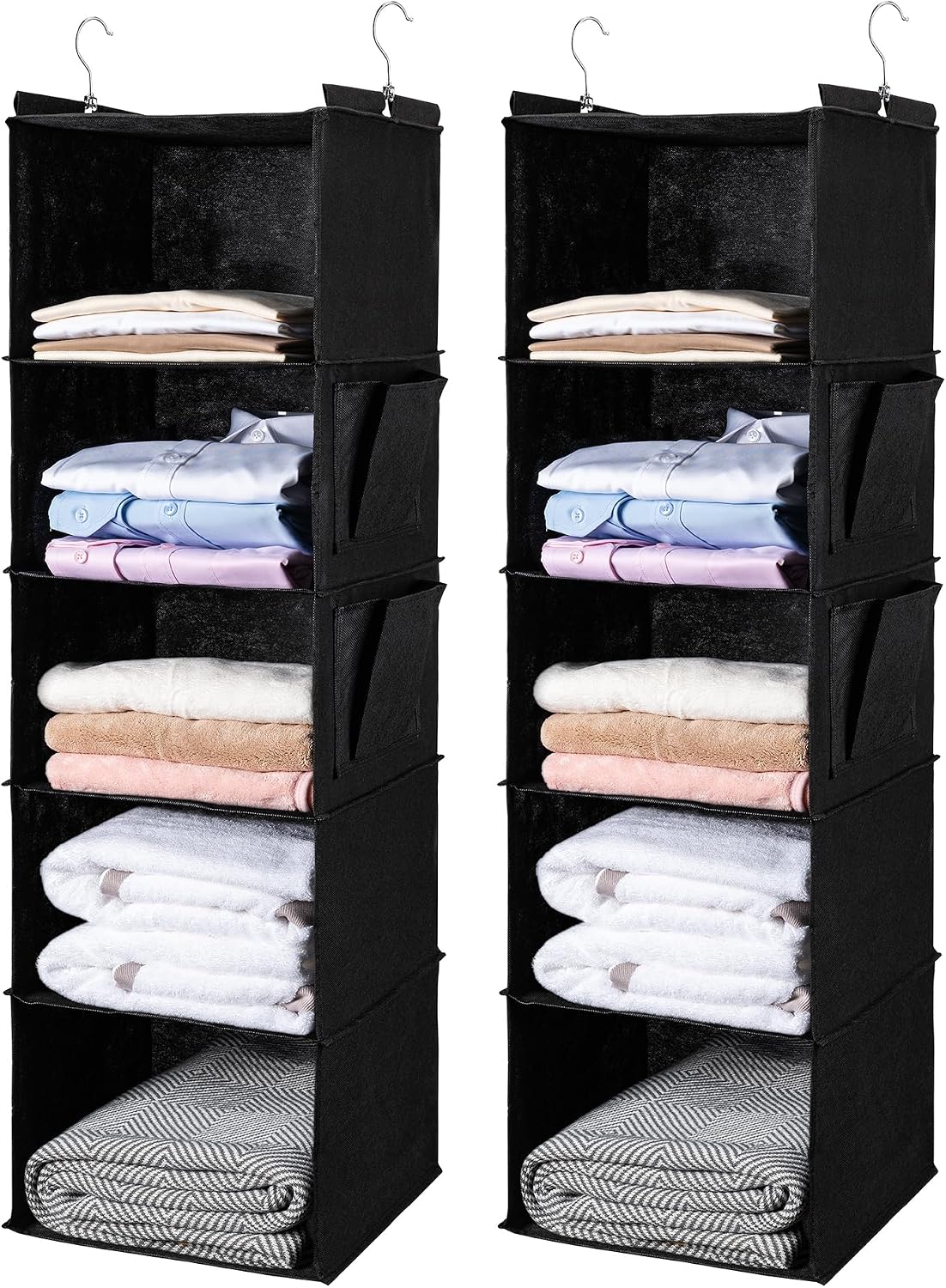 BOOMIBOO Hanging Closet Organize and Shelves，5-Hanging Shelf with 2 Side Pockets，Storage Foldable （Grey）