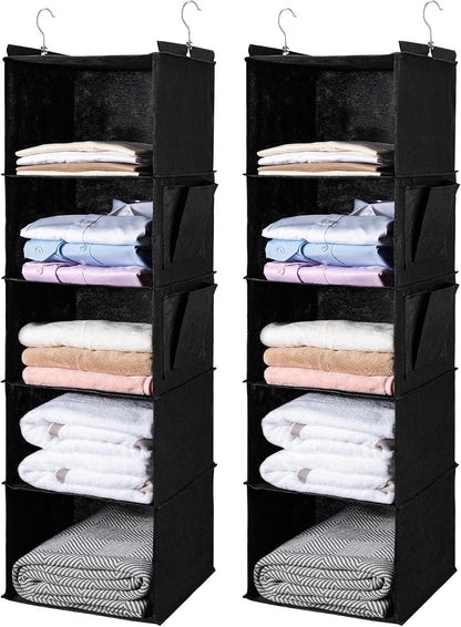 BOOMIBOO Hanging Closet Organize and Shelves，5-Hanging Shelf with 2 Side Pockets，Storage Foldable （Grey）