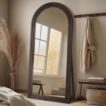 MELOMOIR Arched Full Length Mirror with Solid Wood Frame, 56"x21" Rustic Farmhouse Floor Mirror with Stand, Free Standing Leaning Hanging, for Bedroom Living Room Dressing Room Entryway, Brown
