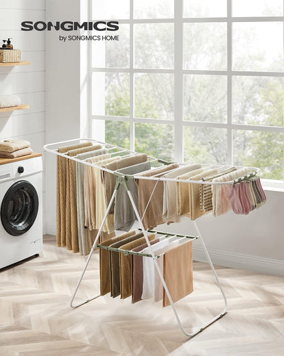 SONGMICS Clothes Drying Rack, with Sock Clips, Metal Laundry Rack, Foldable, Space-Saving, Free-Standing Airer, with 2 Height-Adjustable Gullwings, Indoor Outdoor Use, Gray ULLR052G01