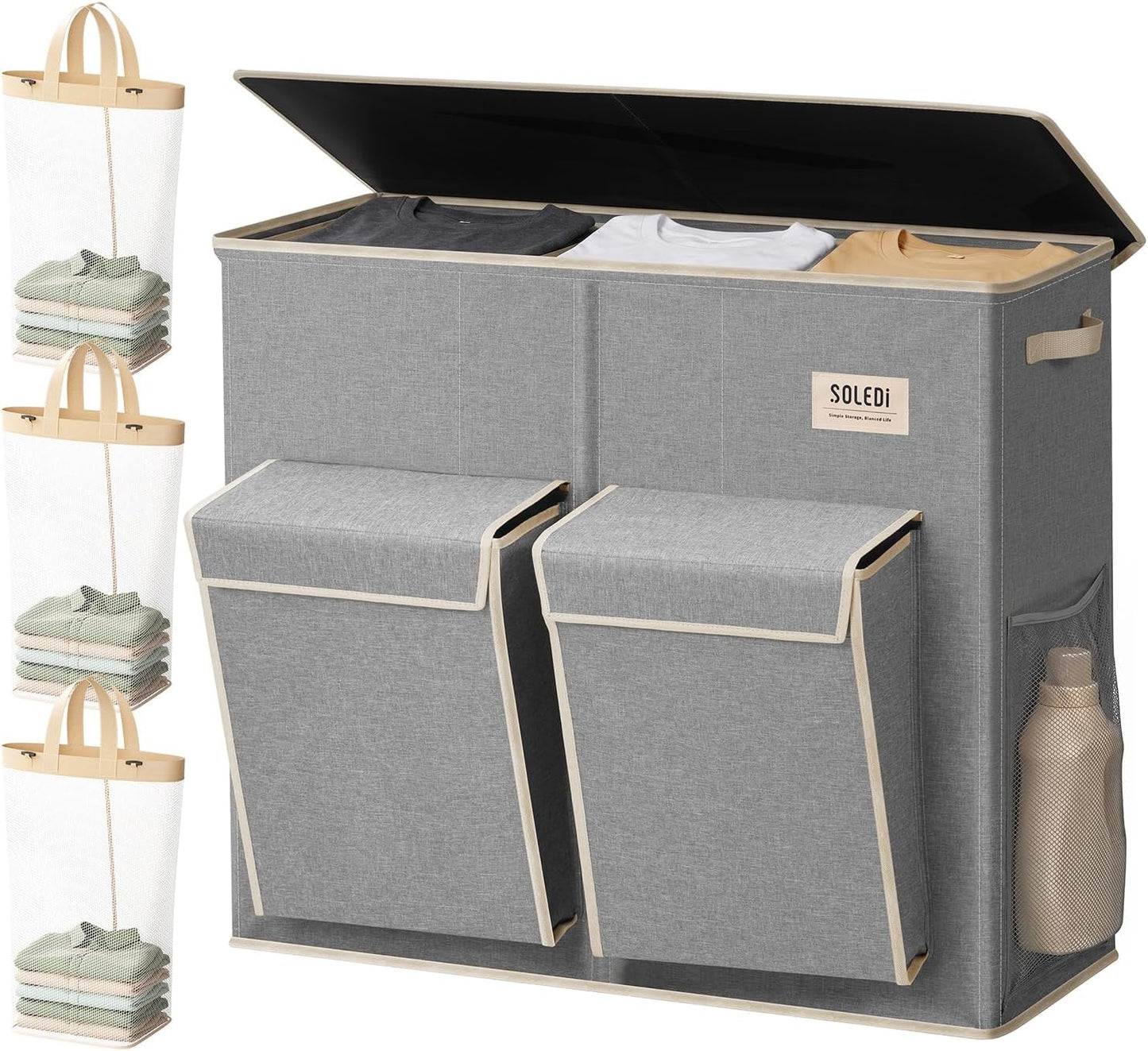 SOLEDI 220L Laundry Hamper 3 Section,Extra Large Laundry Basket with Lid and 2 Side Pockets, Dirty Clothes Hamper with Removable Bag Easy to Carry for Laundry Room, Bedroom, Bathroom, Black