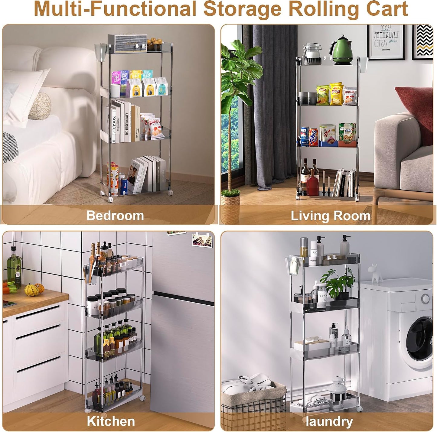VECELO Storage Rolling Cart, 4 Tier Utility Cart Kitchen Slim Mobile Storage Unit Organizers with Wheels Hooks&Hanging Cups for Bedroom Bathroom Office Table Side in Narrow Places, White