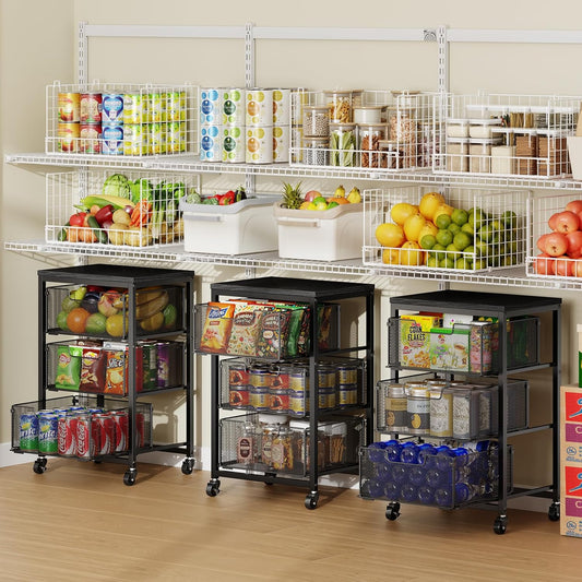 4 Tier Kitchen Rolling Cart, Kitchen Storage Cart with Wheels, Adjust Pantry Organizer and Storage Cart with Drawer, Fruit Vegetable Spice Storage Cart, Wooden Top Metal Kitchen Organizer Rack Stand