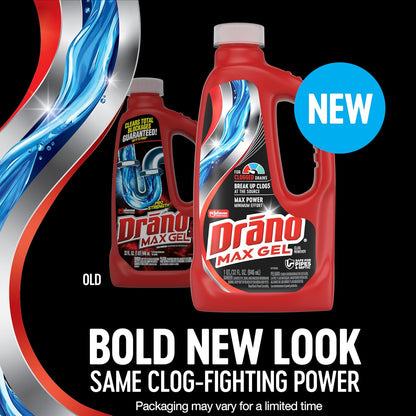 Drano Max Gel Drain Clog Remover & Cleaner, Fast-Acting to Unclog Standing Water & Remove Hair, Grease & Food Blockages, Safe for all Pipes & Septic, Kitchen Sinks, Bathroom Showers & Tubs, 32 Oz