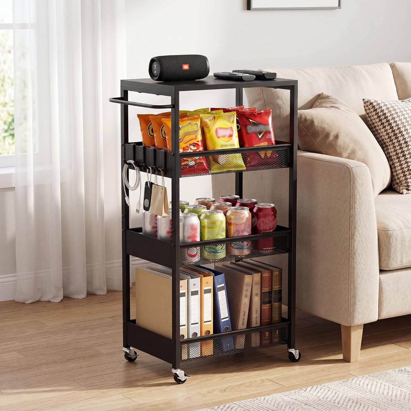 Vincona 7.1" Wide Slim Storage Cart on Wheels, 4 Tier Metal Narrow Rolling Cart with Handle and Wood Top, Multifunctional Small Mobile Shelf Unit Organizer Trolley for Laundry, Bathroom, Kitchen