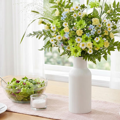 White Ceramic Flower Vases Set of 3, Modern Matte Vertical Ribbed, Nordic Minimalist Decor for Pampas, Dried & Fresh Flowers, Centerpiece for Living Room, Shelf, Entryway, Wedding,Office