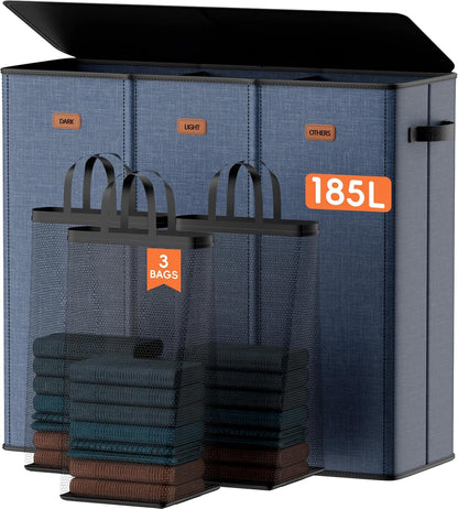 185L Laundry Hamper 3 Section, Laundry Hamper with Lid, Dirty Clothes Hamper with 3 Removable Washing Bags, Extra Large Laundry Basket Organizer for Bedroom, Laundry Room, Dorm - Black