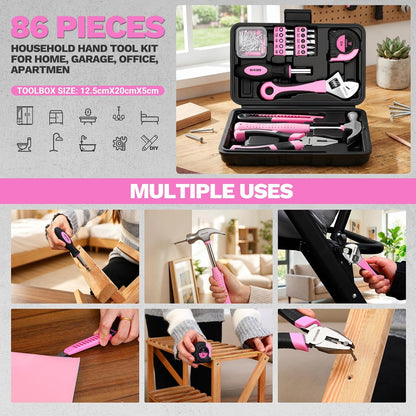 DEKOPRO 86PCS Pink Tool Set Household DIY Tool Kit for Women with Storage Toolbox, Small Compact Hand Tool Box Set for Home Use, DIY, Apartment, Office & Home Repair