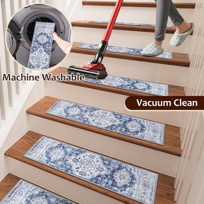 OJIA Stair Treads Non Slip for Wooden Steps Indoor 15PCS Carpet Stair Treads, Rubber Backing Stair Carpet Treads, Residue Free 8"x30" Staircase Step Treads Edging Stair Rugs for Kids & Pets, Gray