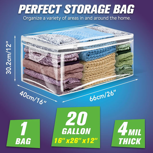 Large Storage Bag for Clothes, Jumbo Zipper Totes | 20 Gallon xxl, Flexible, Clear Extra Thick Plastic, Reinforced Handles, Double Zip