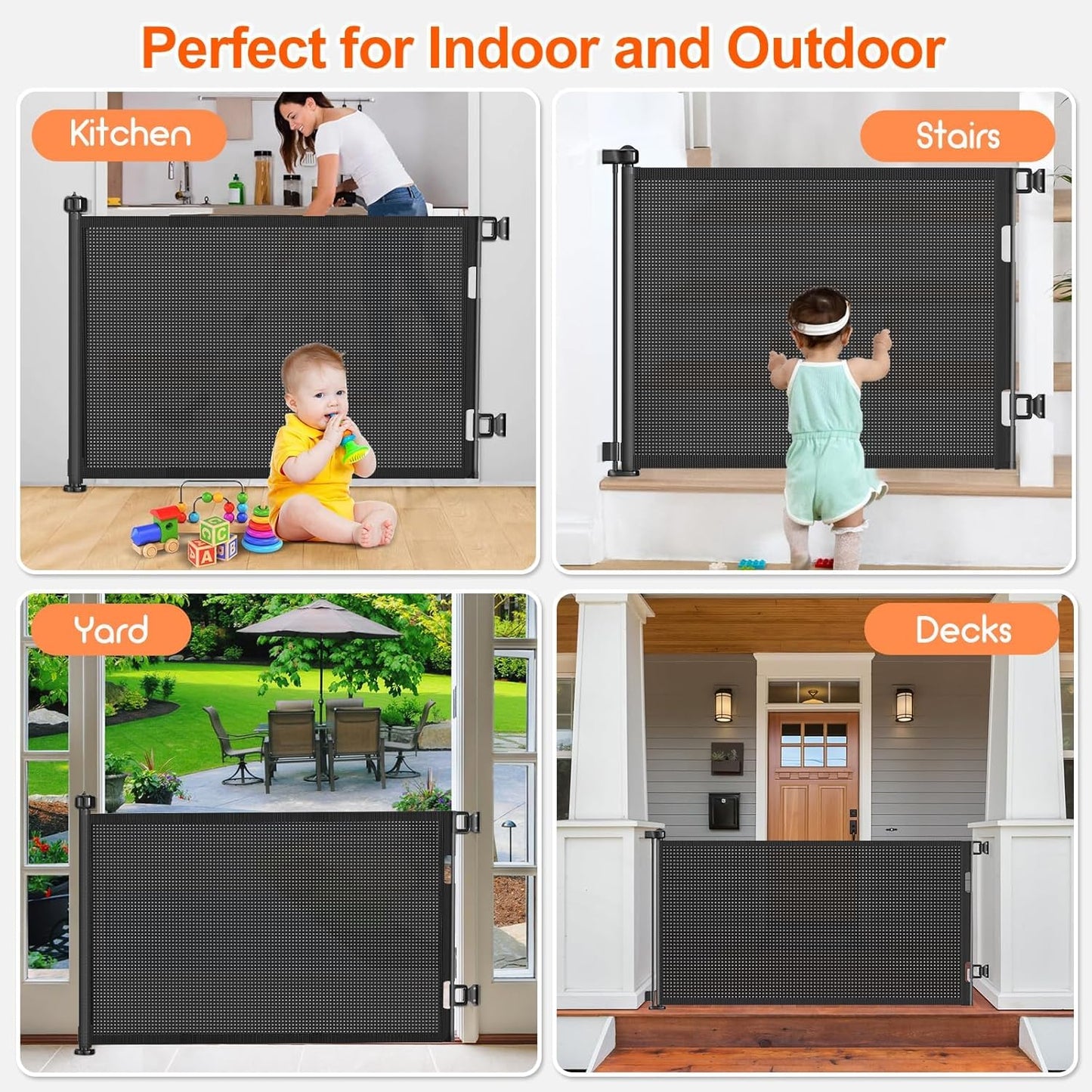 71 inch Retractable Baby Gates, EZIGO Extra Wide Baby Gate for Large Opening Extra Long Mesh Gate for Kids or Pet Dog Gate Child Safety Gate for Stairs Hallways Doorway Indoor Outdoor, Gray