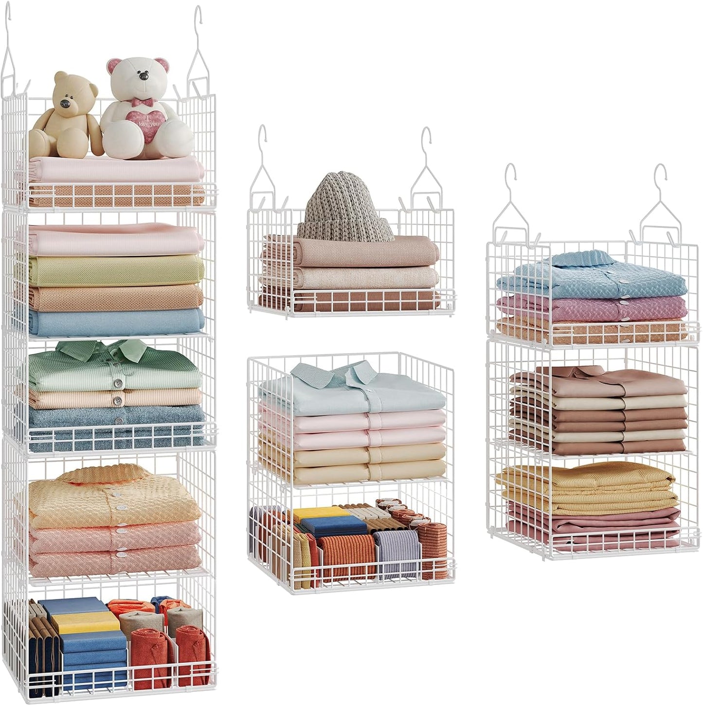 Yuyetuyo 5 Tier Closet Hanging Organizer and Storage Separable Hanging Closet Shelves with 4 Hooks 2 Adjustable Dividers, Wire Storage Basket Bins for Clothing Sweaters Socks Dolls Handbags, Foldable