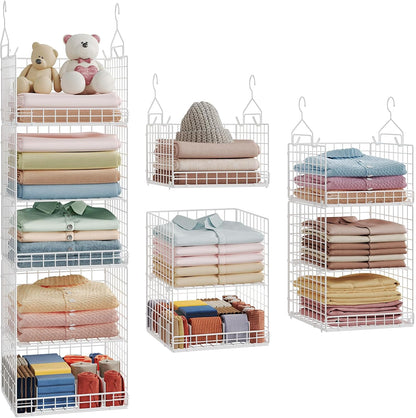 Yuyetuyo 5 Tier Closet Hanging Organizer and Storage Separable Hanging Closet Shelves with 4 Hooks 2 Adjustable Dividers, Wire Storage Basket Bins for Clothing Sweaters Socks Dolls Handbags, Foldable