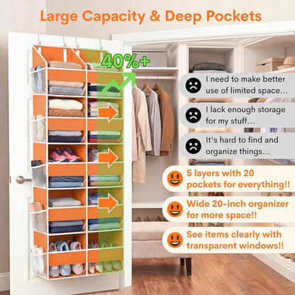 Over The Door Organizer, 5-Tier Extra Large Behind Door Storage with 10 Big Front & 10 Mesh Pockets, 80lb Capacity, Hanging Storage Organizer with Clear Window Kids Toys, Shoes, Diapers, Light Grey