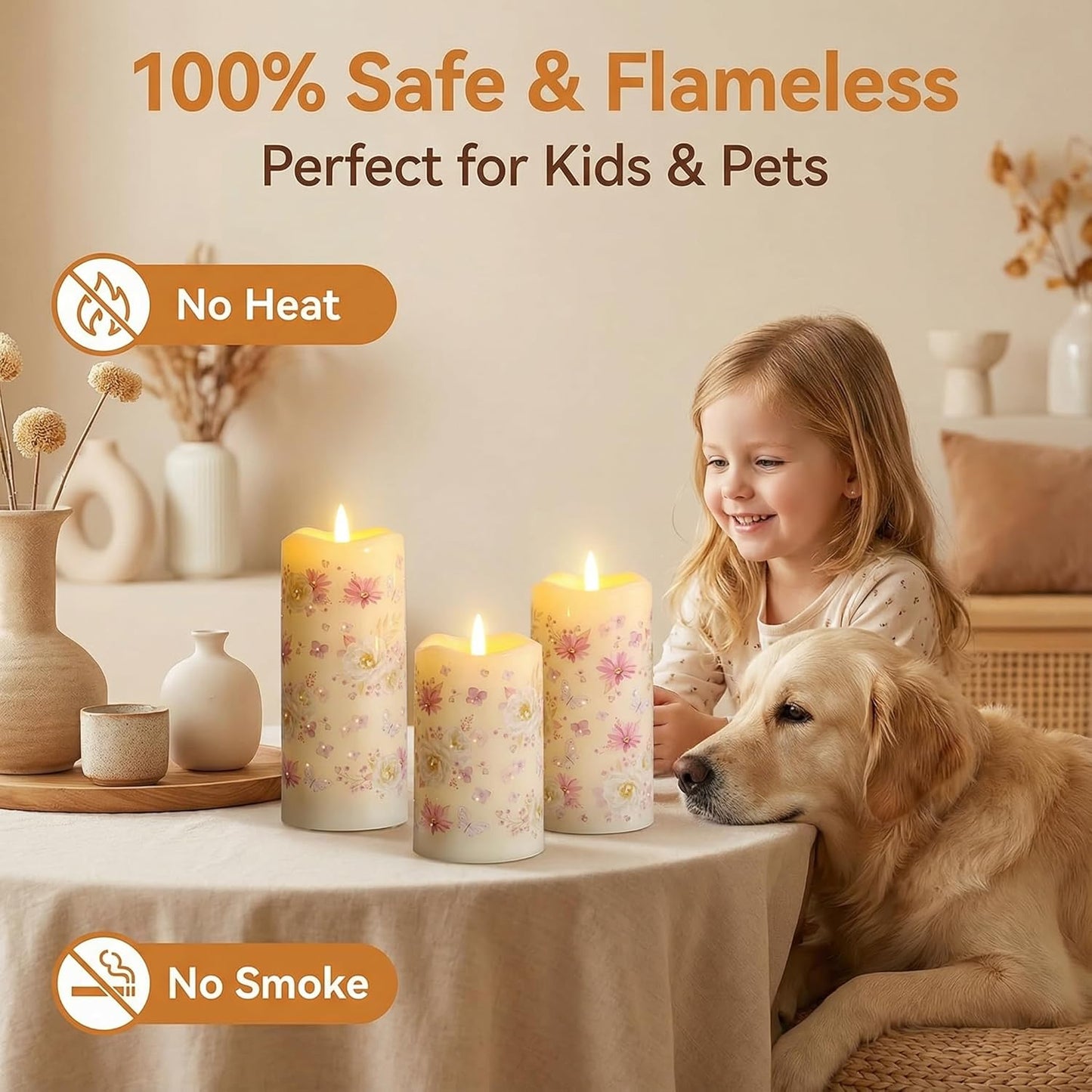 Eywamage Fiber Optic Flameless Pillar Candles with Remote, Floral Butterfly Spring LED Candles Flickering Home Decor Gift Set of 3