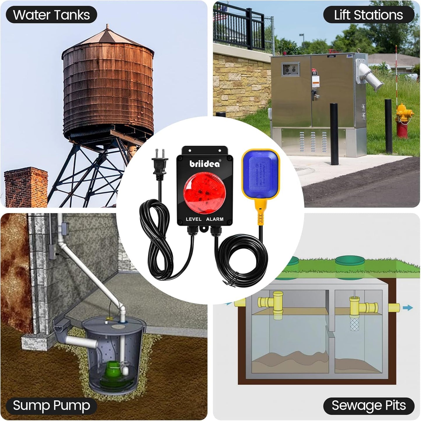 Sump Pump Alarm, Briidea Indoor/Outdoor High Water Septic Tank Alarm with 110dB Loud Alarm and Large LED Indicator, 10ft Level Float Switch, Ideal for Septic Sump Pump Pond Water Tank