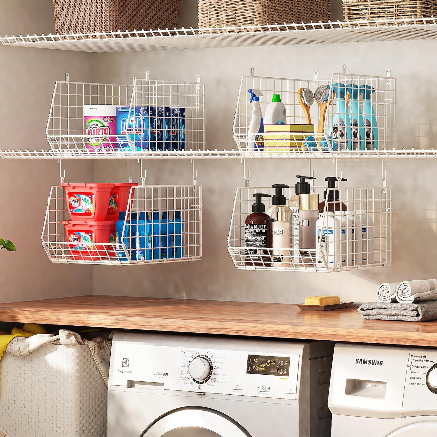 8-Tier Extended Depth Hanging Closet Organizers and Storage for Closet System, Stackable Closet Shelves with 4 Adjustable Dividers for Clothes Sweaters Purses, Wire Hanging Basket Fits Closet Laundry