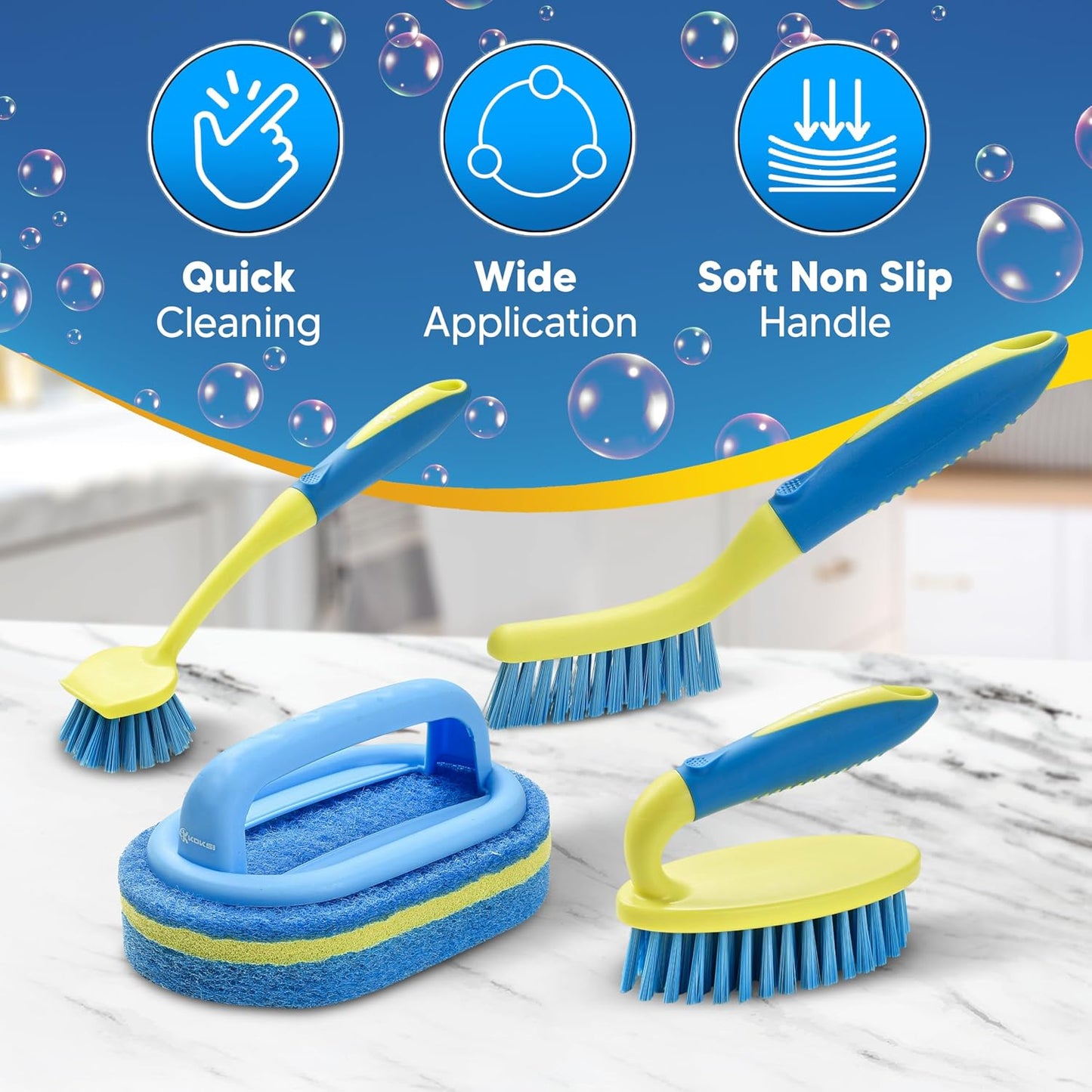 Tile Tub Scrubber Brush with 5 Different Function Cleaning Heads and 51" Extendable Long Handle Non Scratch Shower Scrubber for Cleaning Bathroom Kitchen Toilet Wall Bathtub