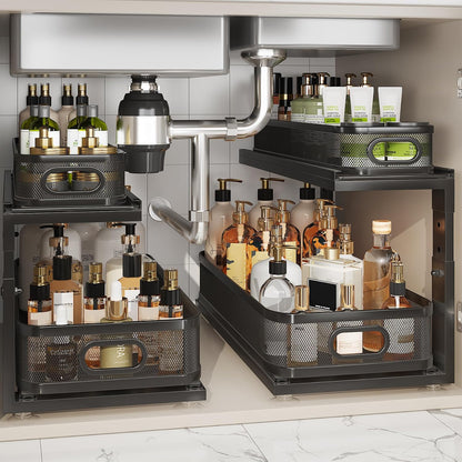 2 Pack 18.5IN-Depth Under Sink Organizer With Next-Gen Ball-Bearing Slides,2-Tier Precision Mesh Pull Out Cabinet Storage for Bathroom&Kitchen,Height Adjustable Drawers Shelf,Anti-rust-White