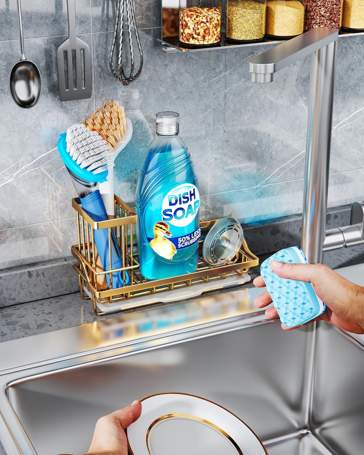 Consumest Sponge Holder for Kitchen Sink - Kitchen Sink Caddy Organizer with Removable Drip Tray for Countertop Dish Soap Dispenser Brush Storage Accessories 304 Stainless Steel - Black