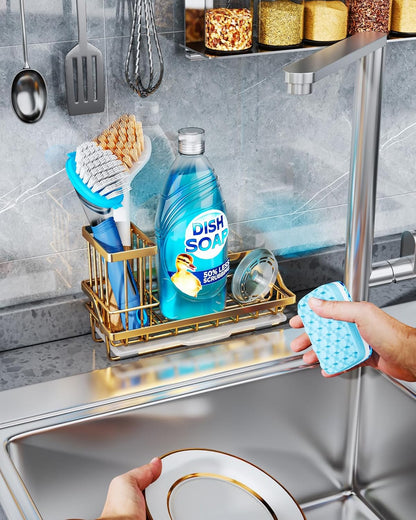 Consumest Sponge Holder for Kitchen Sink - Kitchen Sink Caddy Organizer with Removable Drip Tray for Countertop Dish Soap Dispenser Brush Storage Accessories 304 Stainless Steel - Black