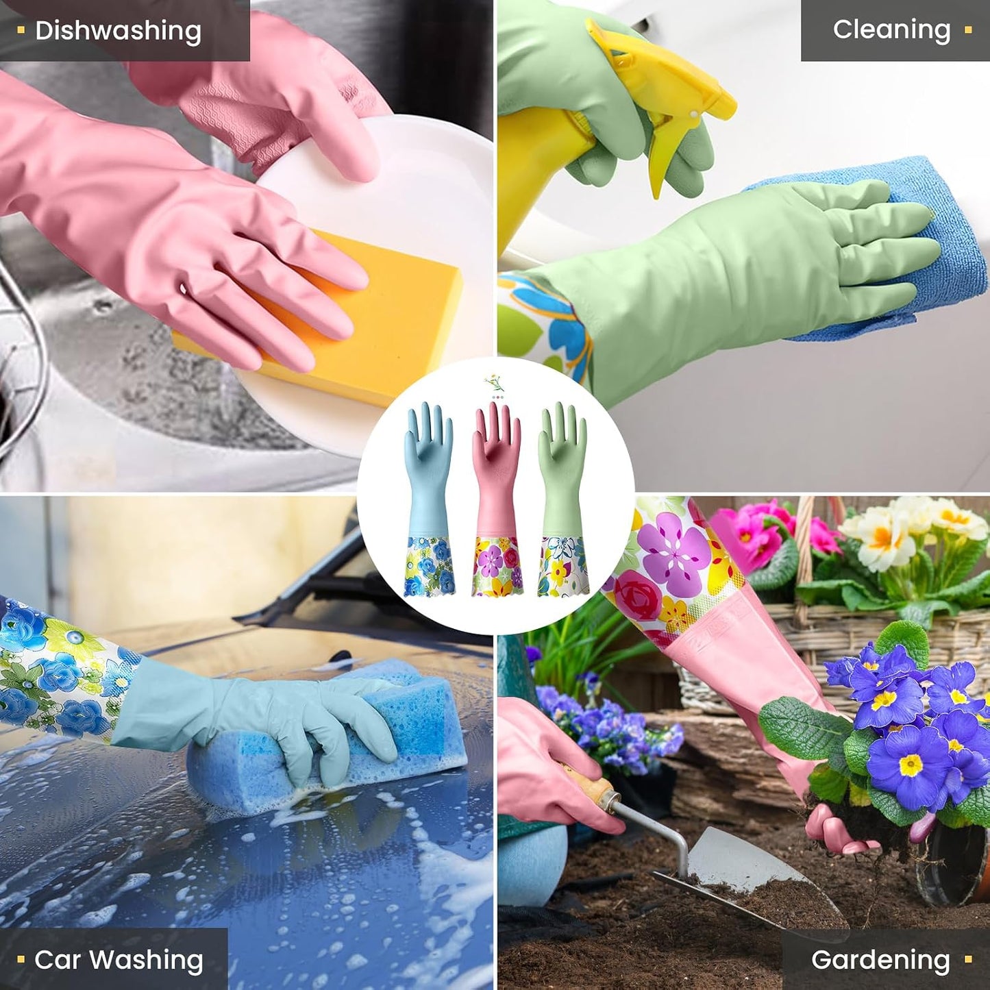 KAQ 3 Pairs Rubber Cleaning Gloves, Reusable Dishwashing Gloves for Kitchen with Cotton Liner, Long Cuff 16", Waterproof Non-Slip Household Gloves for Bleaching Bathroom, Laundry, Gardening (Large)