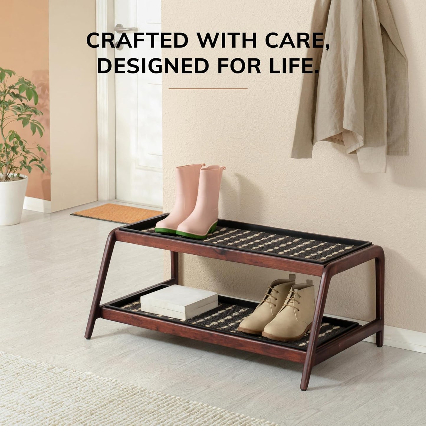 Anji Mountain Heavy Duty Waterproof Wooden Shoe Storage Mat Organizer/Boot Storage Tray Multi Use for Entryway with Coir, Gray and Ivory Insert, 1 Tier, Fits 2 Pair (26.5" Wide)