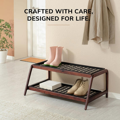 Anji Mountain Heavy Duty Waterproof Wooden Shoe Storage Mat Organizer/Boot Storage Tray Multi Use for Entryway with Coir, Gray and Ivory Insert, 1 Tier, Fits 2 Pair (26.5" Wide)