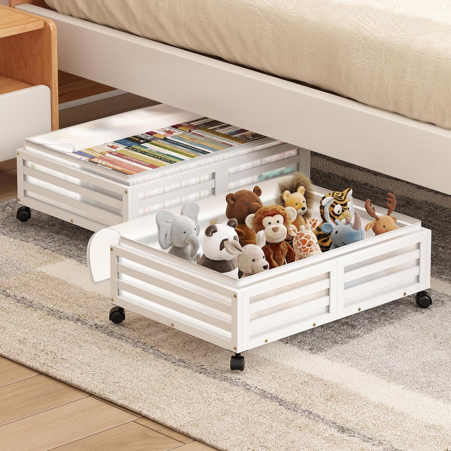 Under Bed Storage Containers With Wheels - 2 Pcs Bamboo Wood Rolling Underbed Shoe Storage Bins With Dust Bags for Clothes Blankets, Duvet Covers Snacks Toys (Natural)
